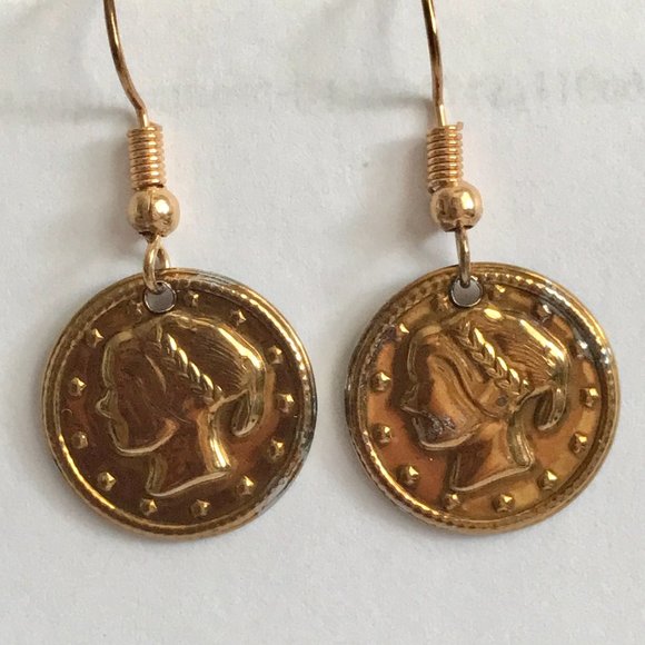 Vintage French Italian Coin Earrings Dangle Gold Plated Wire France Italy Lady - Picture 5 of 9